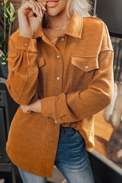 Textured Knit Button Front Flap Pocket Drop Shoulder Shacket